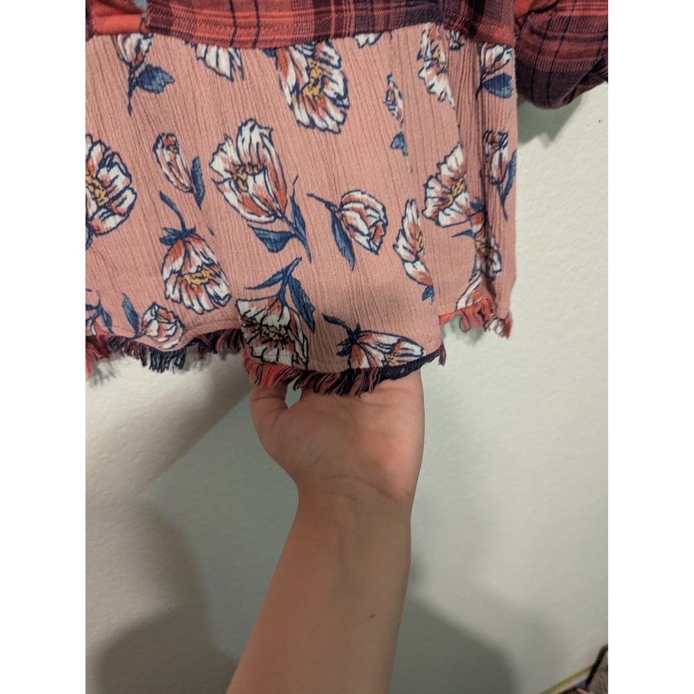 Womens John Mark Mixed Media Plaid Floral Embroidered Button Down Top Red Med - Picture 11 of 15
